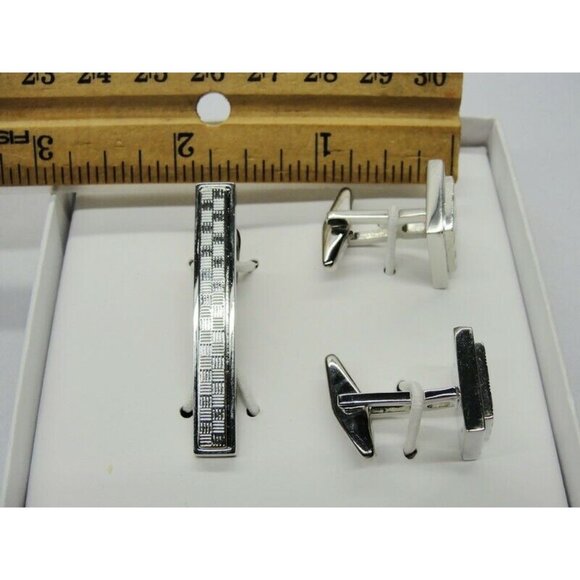 Michael Strahan Collection Cufflinks Tie Bar Set Silver Tone Classy Design IOB - Picture 6 of 9